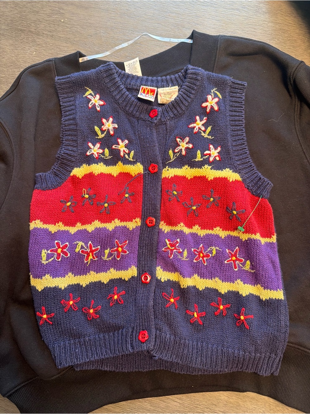 McDonald's Navy Red Purple Yellow Embroidered Floral Knit Vest